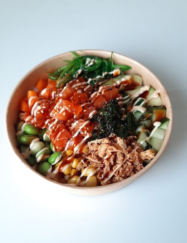 pokebowl L: zalm, tonijn, kip, garnaal, mix