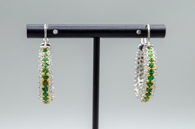 Silver Hoop Earrings with Real Emerald Stones
