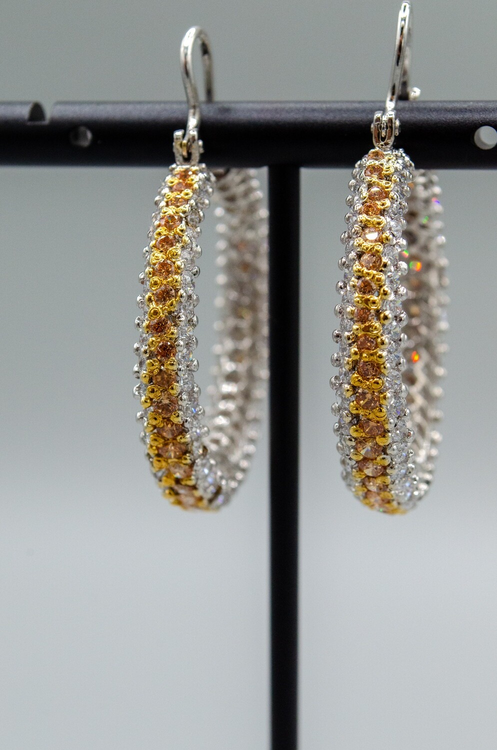 Silver Hoop Earrings with Real Citrine Stones