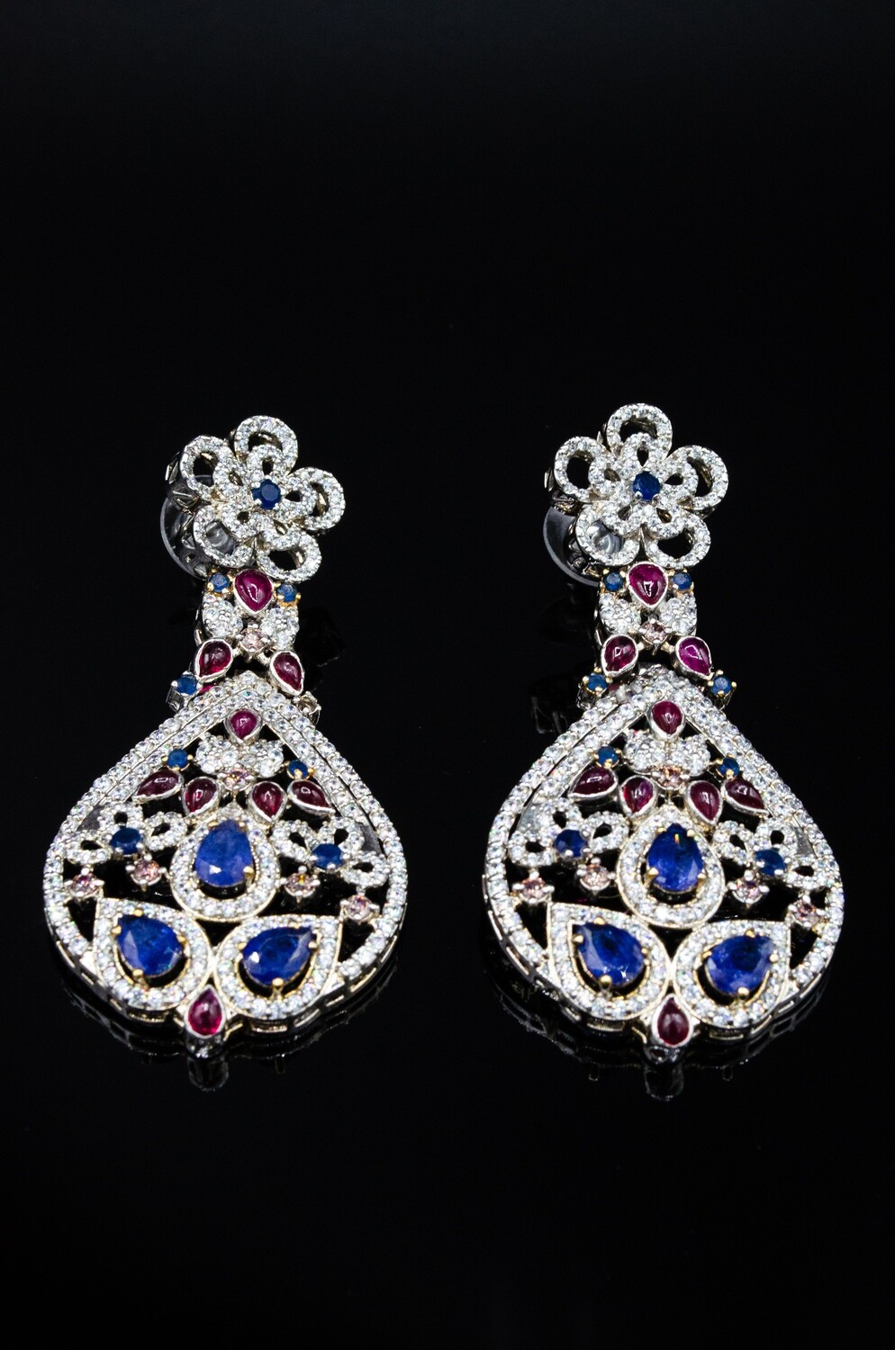 Modern Earrings with Blue &amp; Pink Stones
