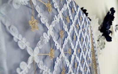Blue Net Dupatta with Aari Work