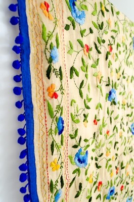 Indian Kantha Tissue Dupatta with Blue Pom Border