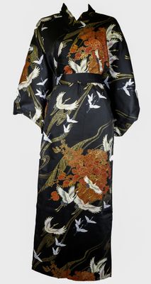 Yukata oiseaux  long rouge-bleu-blanc-noir 100% coton