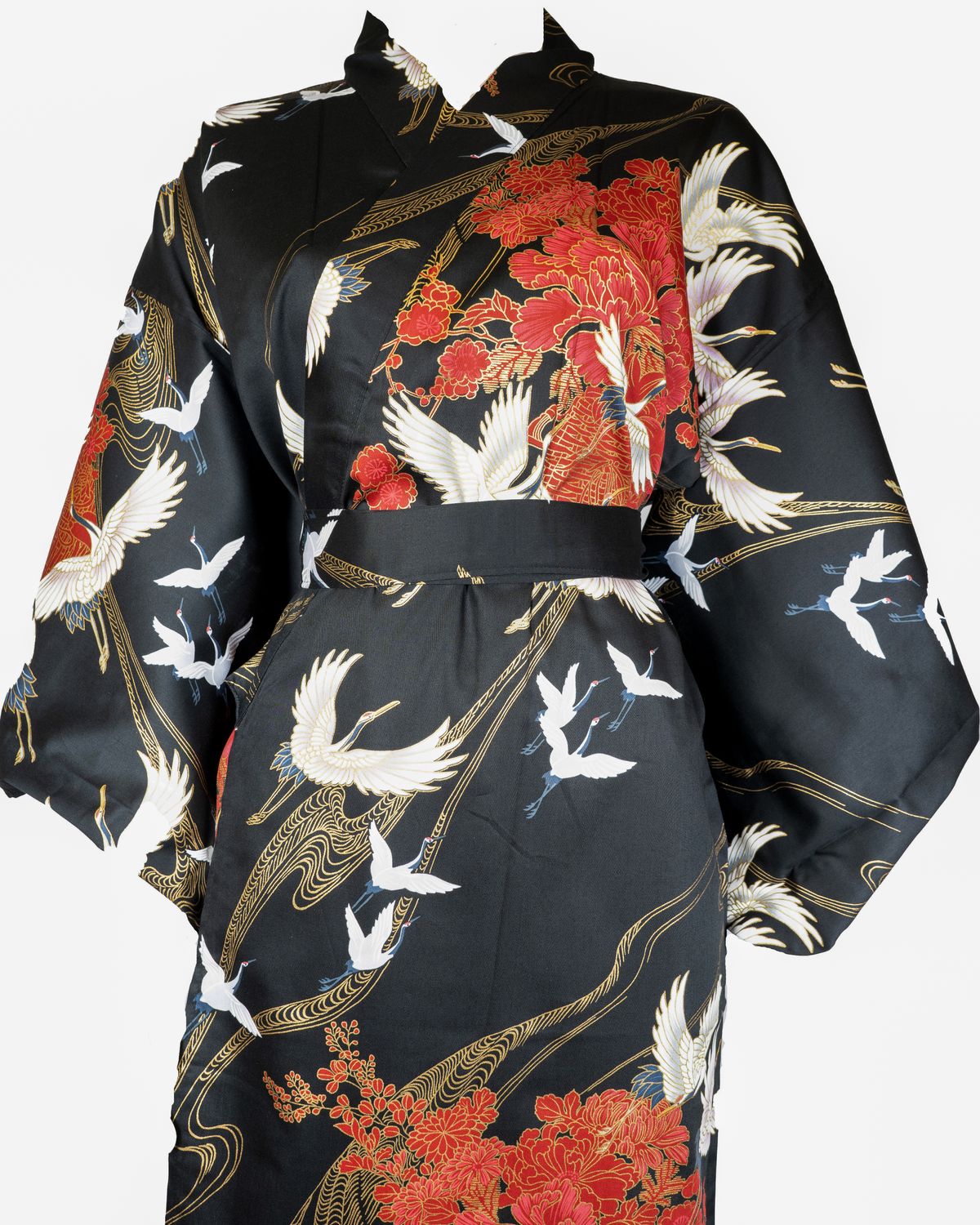 Yukata oiseaux  long rouge-bleu-blanc-noir 100% coton