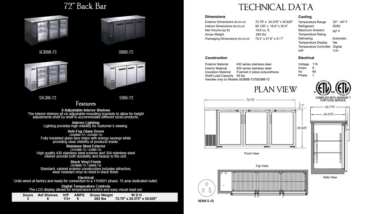 72" GLASS DOOR S/S BACK BAR