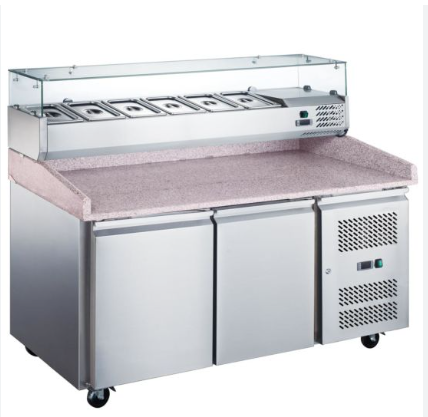 Coldine GRANITE TOP 60" pizza prep table, with Glass Topping Rail, 6 Pans