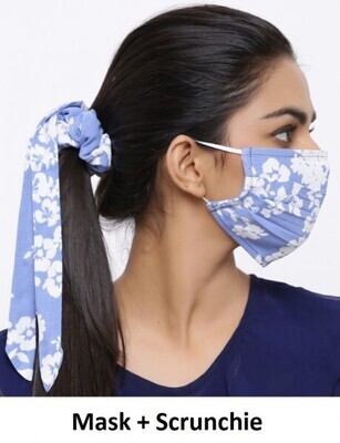 Face Mask with Scrunchie Set - Washable - Flower - Blue