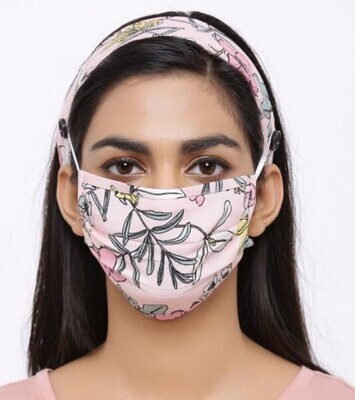 Face Mask with Headband - Washable - Flower- Pink