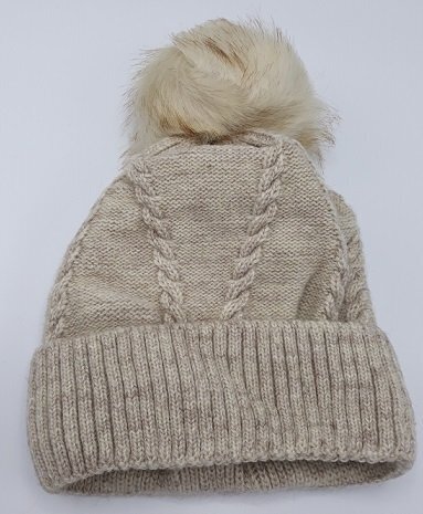 Beige Pompon Bonnet