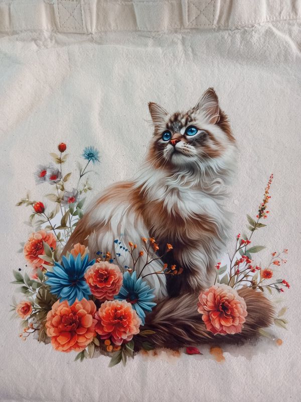 Totebag kat in bloemen