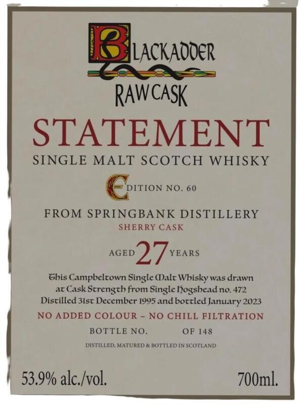 Springbank 27 years 1995 Black Adder Statement edition nr 60 