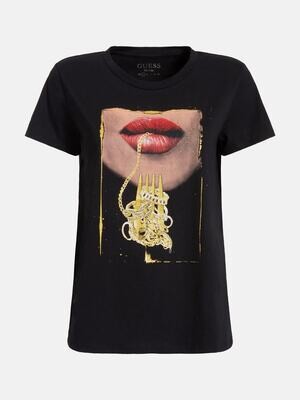 Guess Fork Lips Tee Black