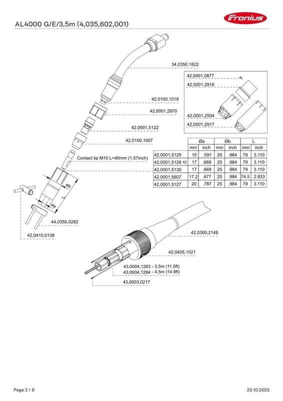 FRONIUS AL4000 PARTS LIST GAS COOLED TORCH