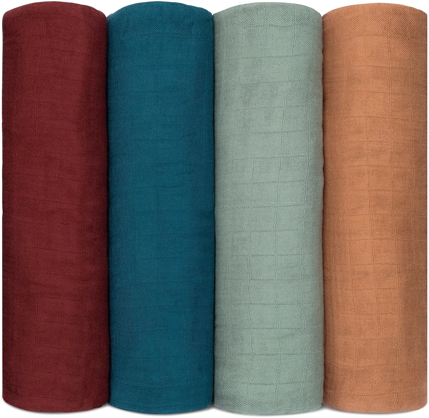 Comfy Cubs Muslin Swaddle Blankets (Pack of 4) – Wine, Neptune, Fern, Caramel