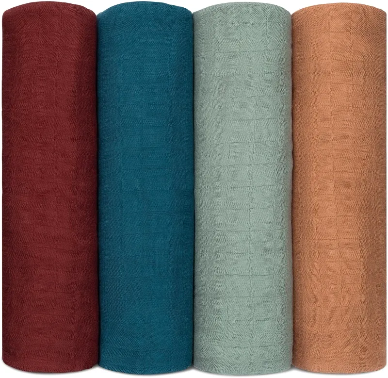 Comfy Cubs Muslin Swaddle Blankets (Pack of 4) – Wine, Neptune, Fern, Caramel