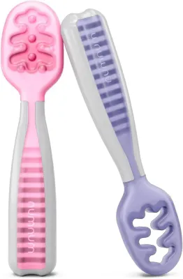 NumNum Baby GOOtensil Pre-Spoons for 6+ Months, BPA-Free, 2 Pack Frosty Lilac/Rosebud