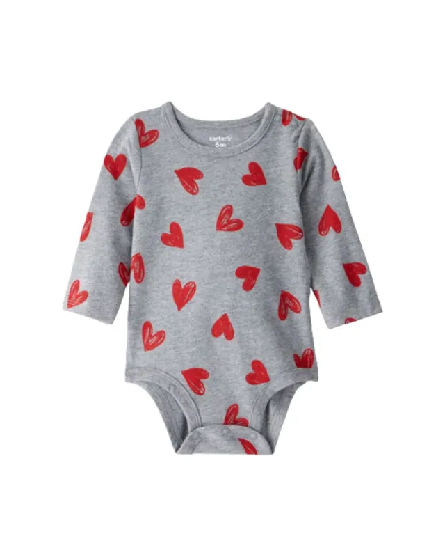 Baby Girl Heart Print Long-Sleeve Graphic Bodysuit - Grey