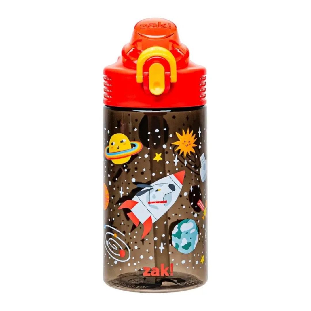 Zak Designs Sage Water Bottle For School or Travel, 16oz Durable Plastic Water Bottle With Straw, Handle, and Leak-Proof, Pop-Up Spout Cover (Spaceships)