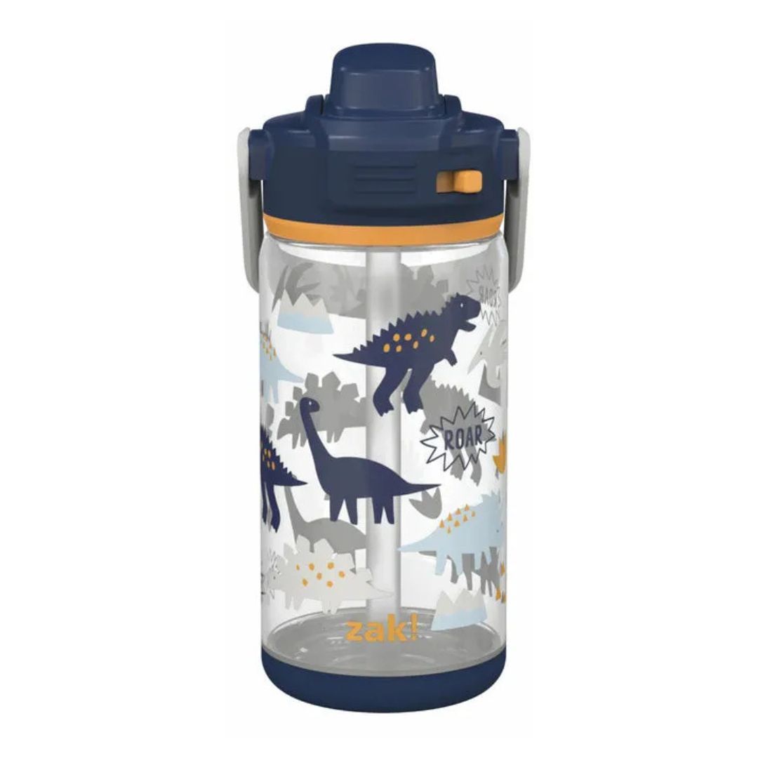 Zak Designs Sage Water Bottle For School or Travel, 16oz Durable Plastic Water Bottle With Straw, Handle, and Leak-Proof, Pop-Up Spout Cover (Zaksaurus)