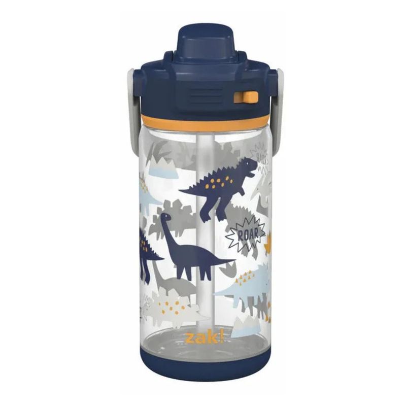 Zak Designs Sage Water Bottle For School or Travel, 16oz Durable Plastic Water Bottle With Straw, Handle, and Leak-Proof, Pop-Up Spout Cover (Zaksaurus)