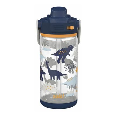 Zak Designs Sage Water Bottle For School or Travel, 16oz Durable Plastic Water Bottle With Straw, Handle, and Leak-Proof, Pop-Up Spout Cover (Zaksaurus)