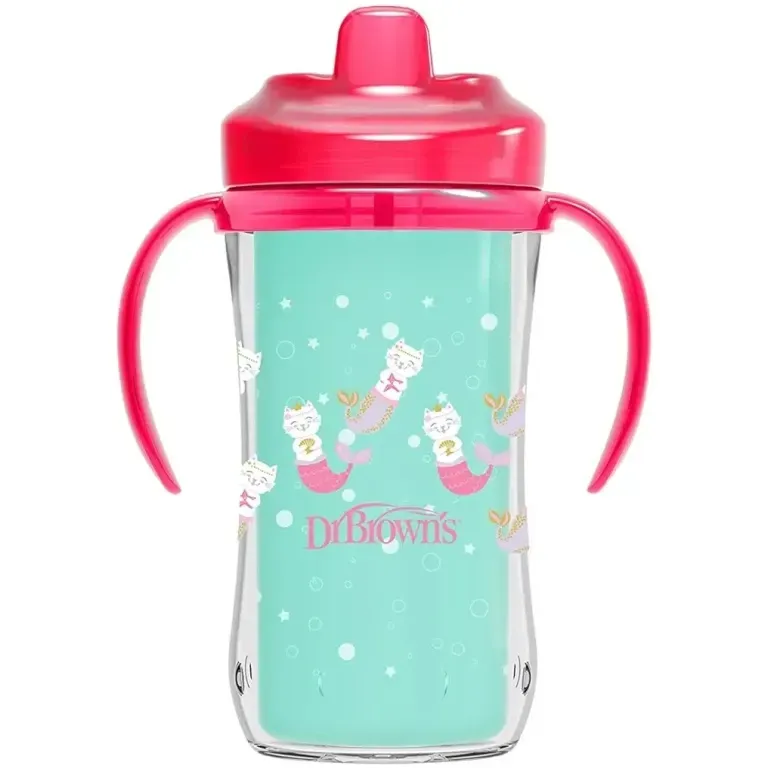 Dr. Brown’s Milestones Hard Spout Insulated Sippy Cup with Handles, Pink, 10 oz,12m+ Mermaid Kittens