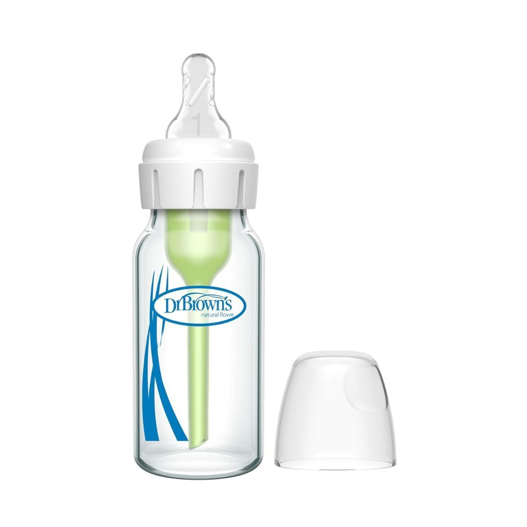 Dr. Brown's Anti-Colic Options+ Narrow Glass Baby Bottle with Level 1 Slow Flow Nipple, BPA-Free, 4 oz/120mL, 1-Pack (without retail packaging)