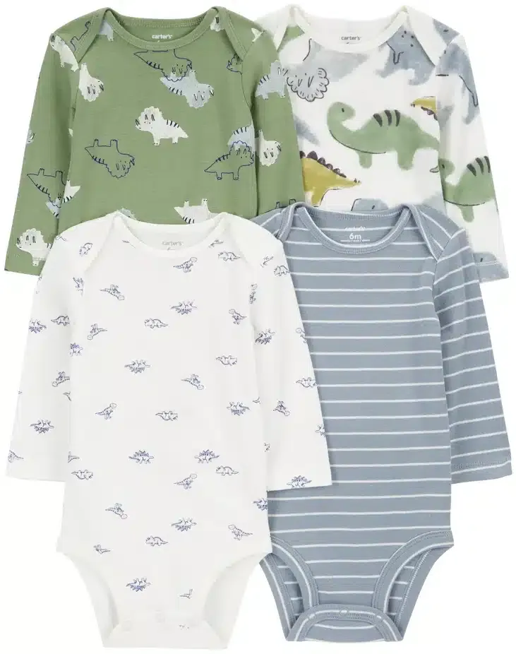 Baby 4-Pack Long-Sleeve Dinosaur Bodysuits