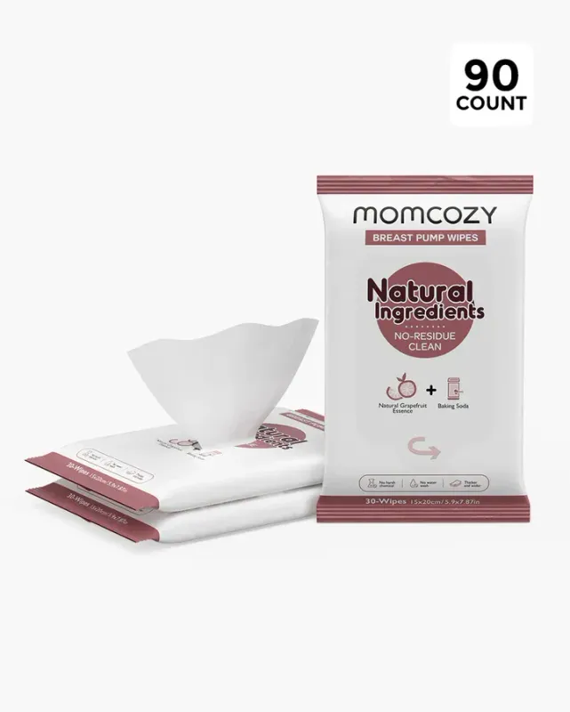 Momcozy  Natural Breast Pump Wipes - Safe &amp; Convenient 30 Count (Pack of 3)