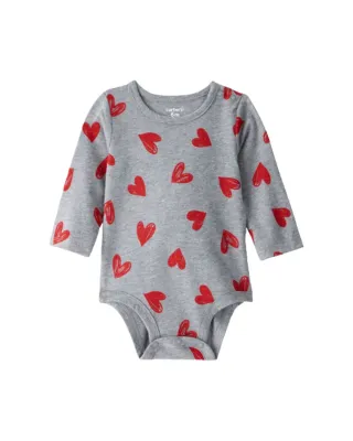Baby Girl Heart Print Long-Sleeve Graphic Bodysuit - Grey