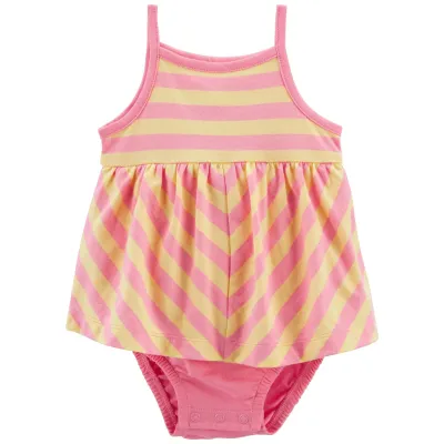Carters Infant Girls Multicolored Striped Bodysuit Dress Pink/Lemon Yellow