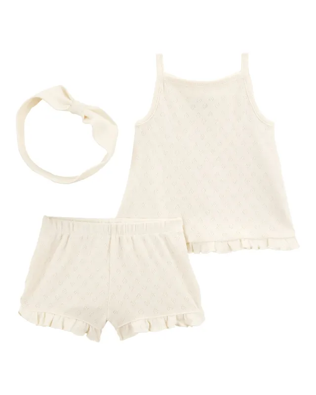 Three-piece open work cotton set: shorts, tank top, and headband