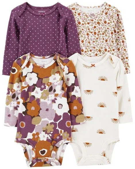 Baby 4-Pack Long-Sleeve Floral &amp; Polka Dot Bodysuits