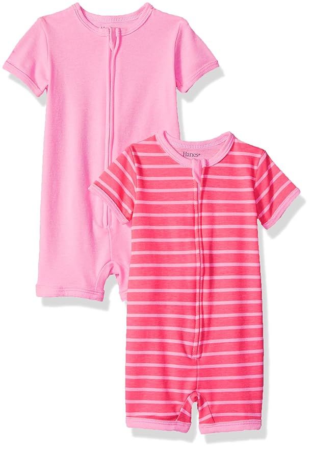 Hanes Ultimate Baby Girls Zippin 2 Pack Rompers, Dark Pink Stripe