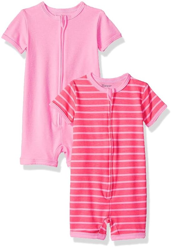 Hanes Ultimate Baby Girls Zippin 2 Pack Rompers, Dark Pink Stripe