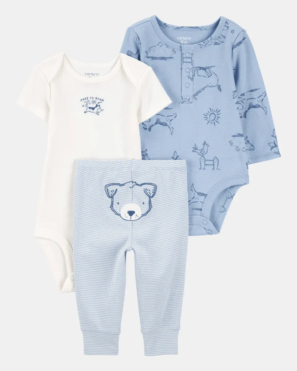 Three-piece cotton set, pants and two blue bodysuits