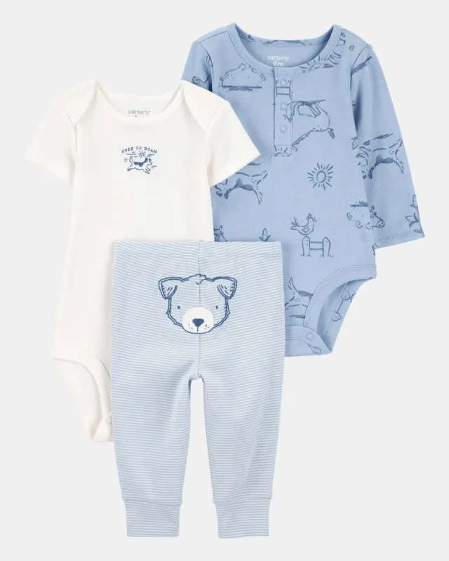 Three-piece cotton set, pants and two blue bodysuits
