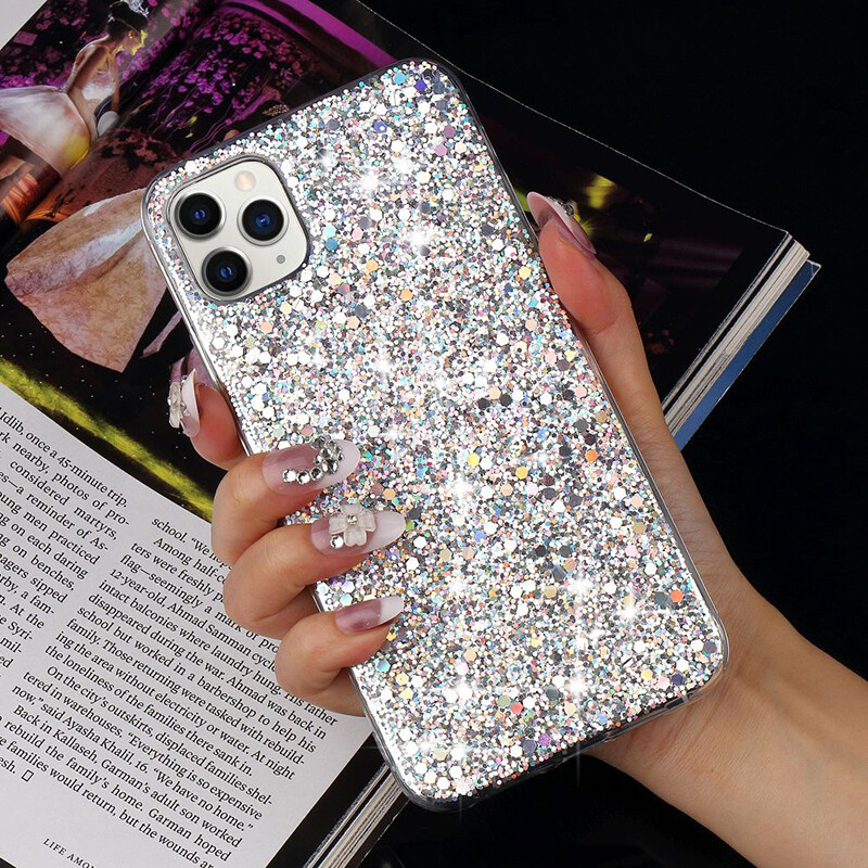 Superbe coque pailletée pour téléphones iPhone, Samsung et Xiaomi