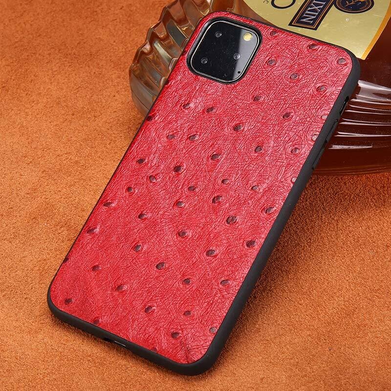 Coque en cuir pleine fleur imitation autruche pour iPhone (12, 11, SE, X, XR, XS, 8, 7, 6, 5)