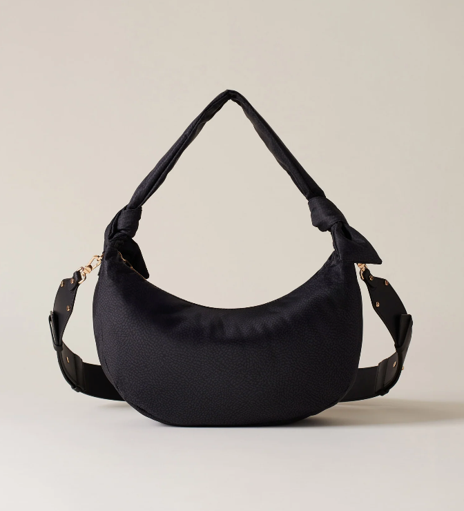 BORBONESE HOBO LOVER MEDIUM Borsa a Spalla di Tessuto Riciclato Black