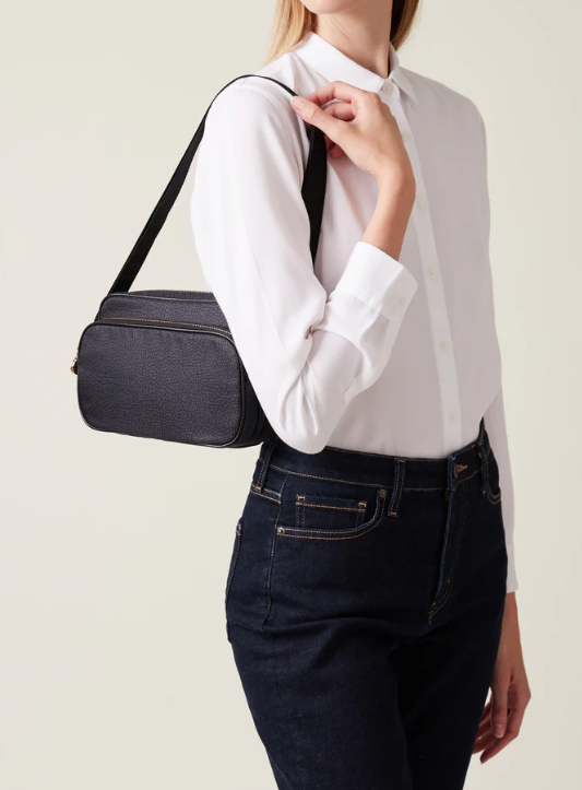 BORBONESE CAMERA CASE SMALL Tracolla di tessuto riciclato OP e Pelle Black