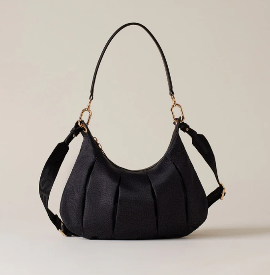 BORBONESE CROISSANT HOBO SMALL Borsa a Spalla di Tessuto Riciclato OP Black