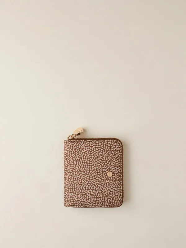 BORBONESE PORTAFOGLIO MEDIUM Zip Around di Tessuto Riciclato OP e Pelle beige/brown