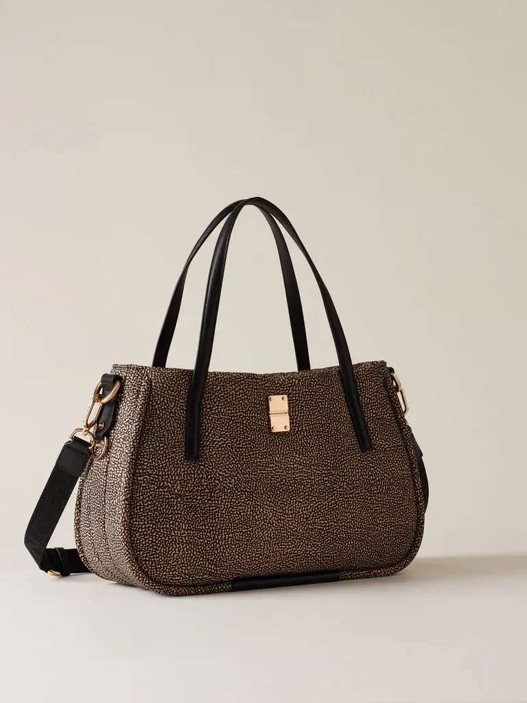 BORBONESE CAHIER SHOPPER MEDIUM Borsa a Mano di Tessuto Riciclato OP Natural/Black