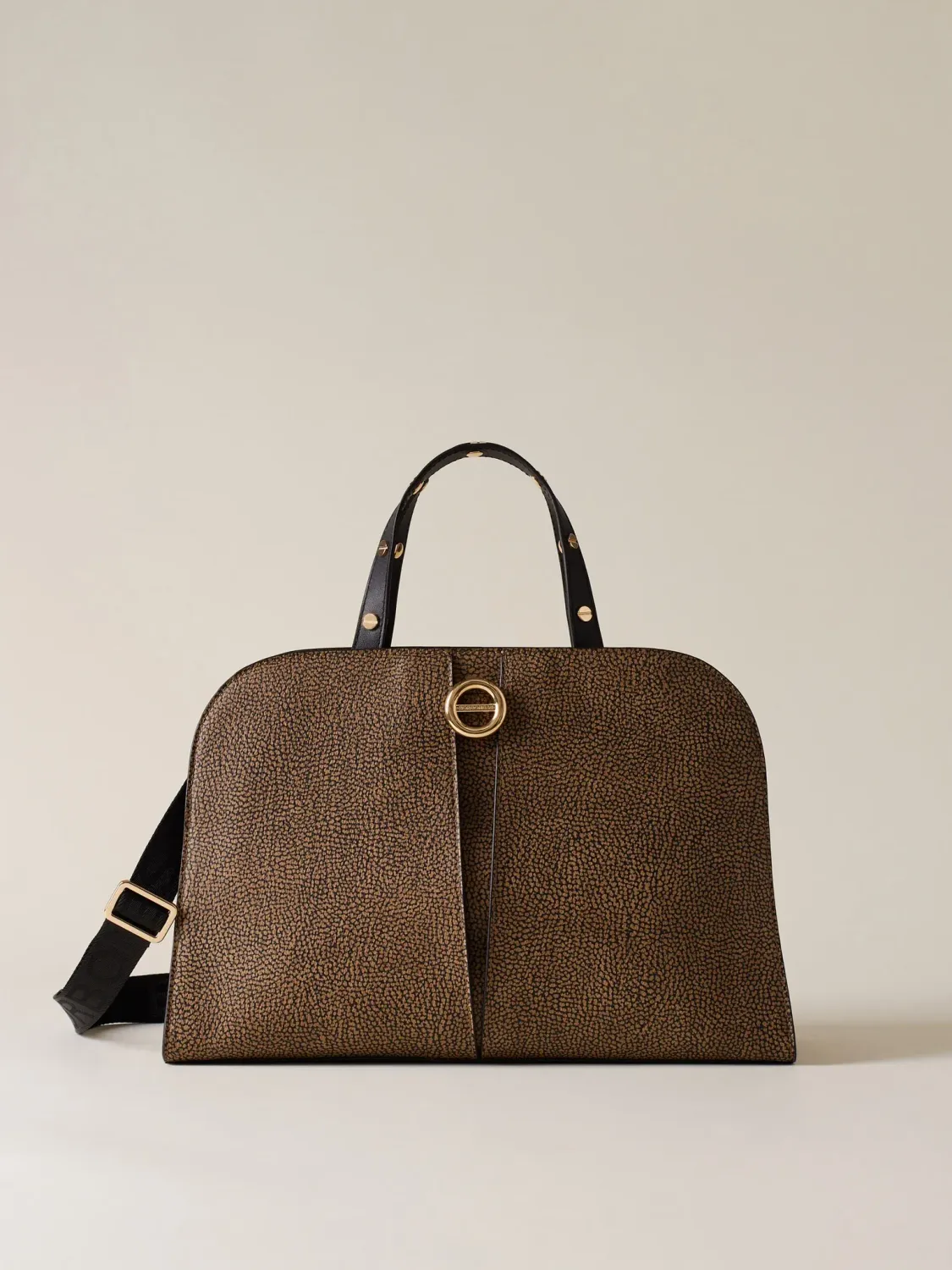 BORBONESE TULIP BORSA BAULETTO MEDIUM Borsa a mano di Tela rivestita OP Natural Black BORBONESE TULIP BORSA BAULETTO MEDIUM Borsa a mano di Tela rivestita OP Natural Black