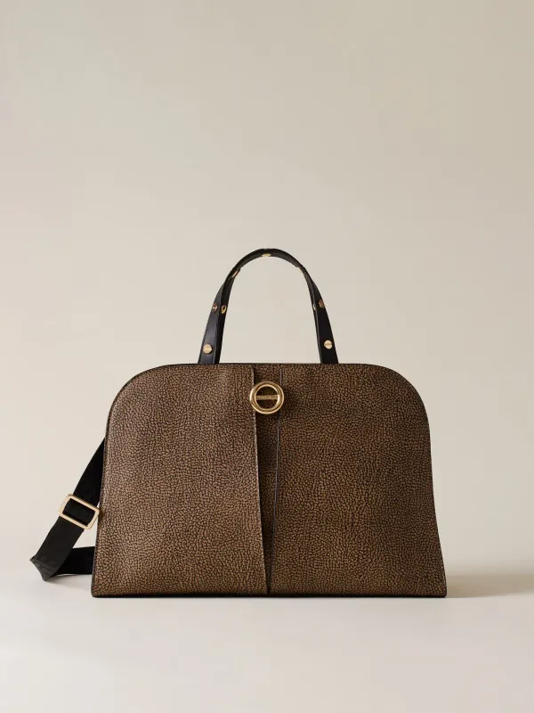 BORBONESE TULIP BORSA BAULETTO MEDIUM Borsa a mano di Tela rivestita OP Natural Black BORBONESE TULIP BORSA BAULETTO MEDIUM Borsa a mano di Tela rivestita OP Natural Black