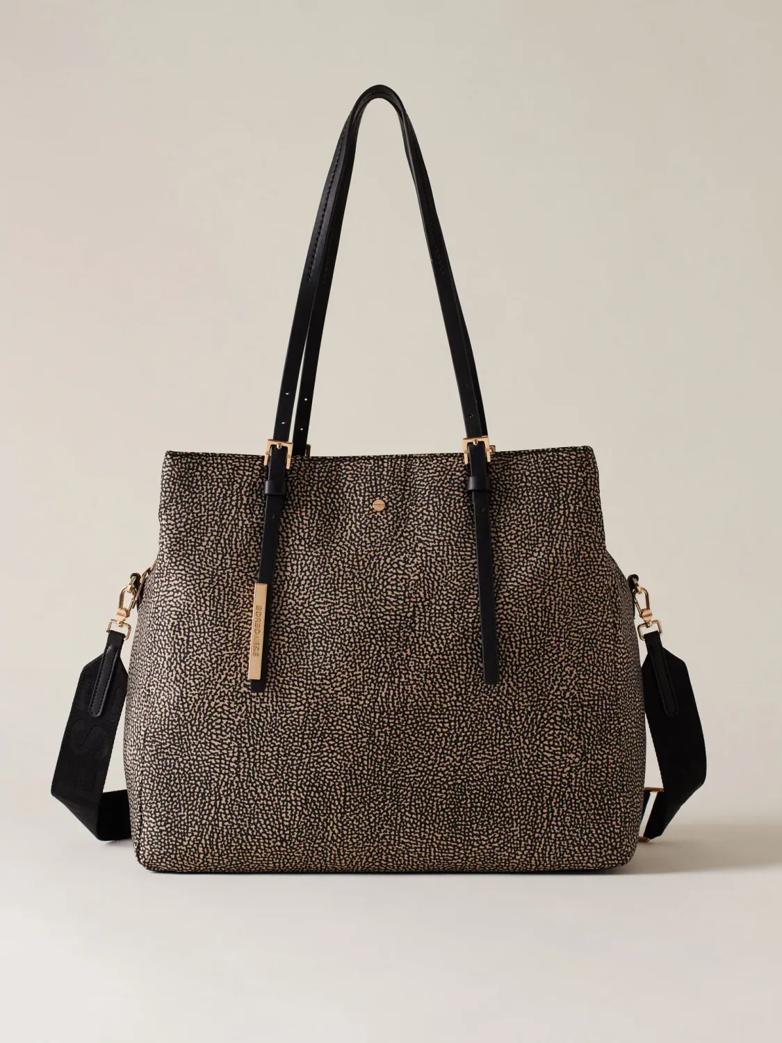 BORSA SHOPPING BORBONESE, BORSA A SPALLA DI TESSUTO RICICLATO OP E PELLE NATURAL BLACK BORSA SHOPPING BORBONESE, BORSA A SPALLA DI TESSUTO RICICLATO OP E PELLE NATURAL BLACK