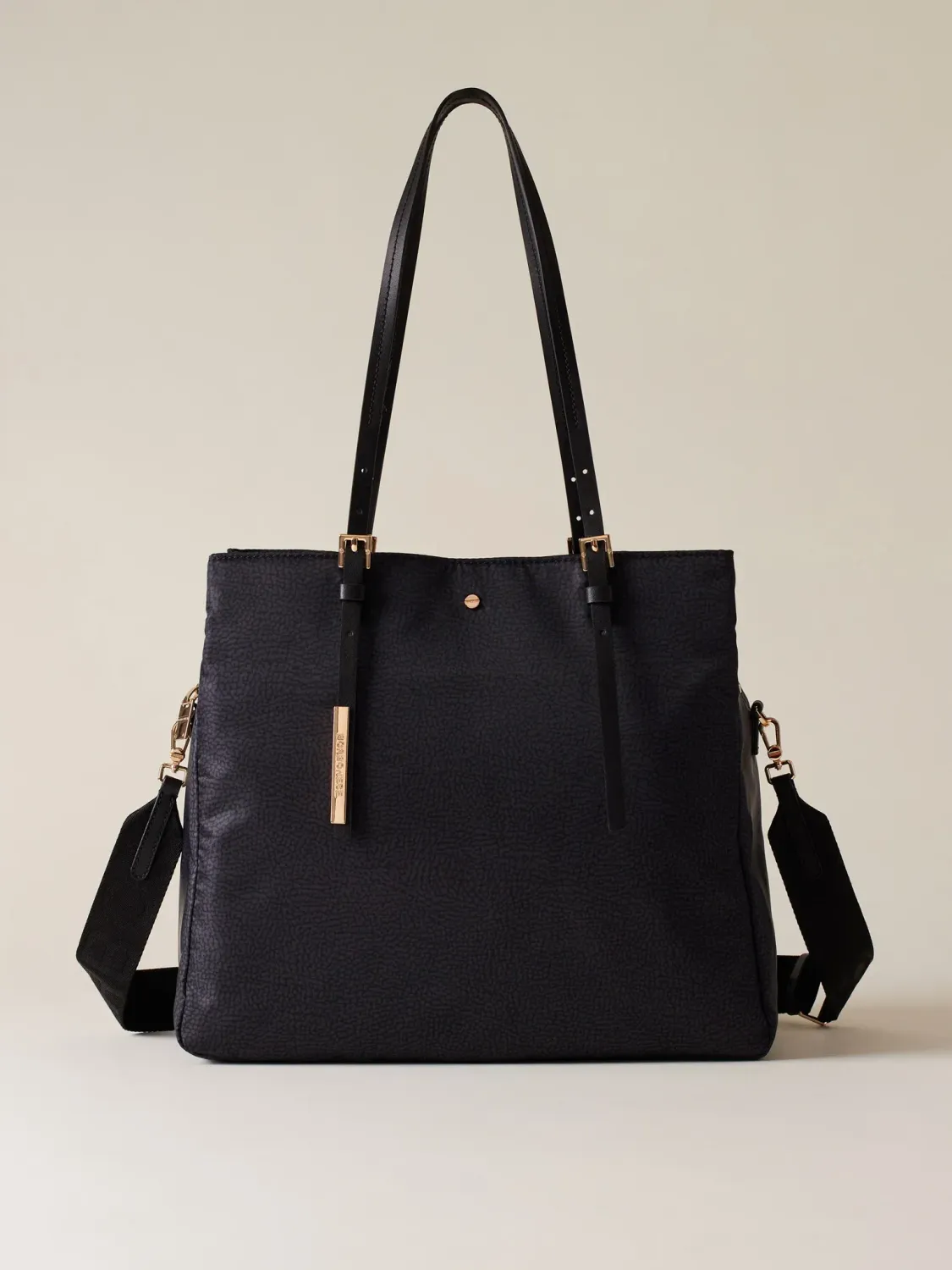 BORSA SHOPPING BORBONESE, BORSA A SPALLA DI TESSUTO RICICLATO OP E PELLE BLACK BORSA SHOPPING BORBONESE, BORSA A SPALLA DI TESSUTO RICICLATO OP E PELLE BLACK