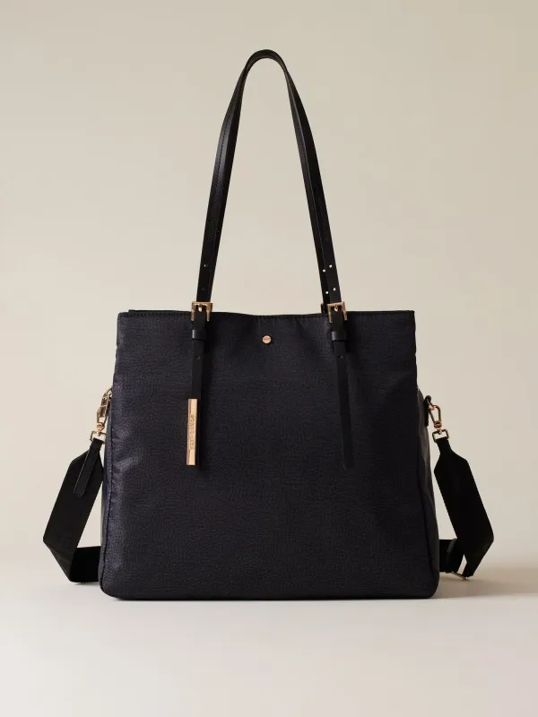 BORSA SHOPPING BORBONESE, BORSA A SPALLA DI TESSUTO RICICLATO OP E PELLE BLACK BORSA SHOPPING BORBONESE, BORSA A SPALLA DI TESSUTO RICICLATO OP E PELLE BLACK