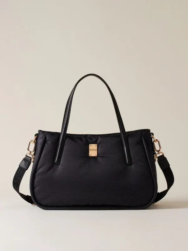 BORBONESE CAHIER SHOPPER MEDIUM Borsa a Mano di Tessuto Riciclato OP Dark Black